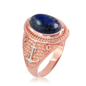Two-Tone Rose Gold Marine Anchor Lapis Lazuli Gemstone Ring