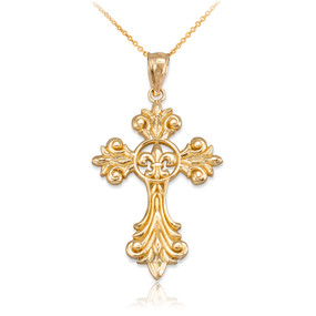 Gold Fleur-de-Lis Cross Pendant Necklace