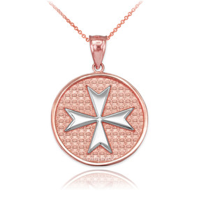 Two-Tone Rose Gold Knights Templar Maltese Cross Medal Pendant Necklace