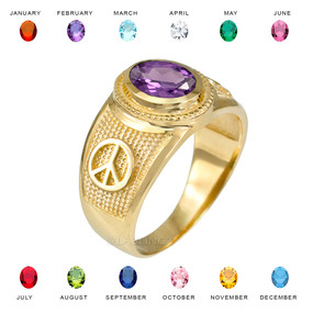 Gold Peace Sign Band CZ Birthstone Ring