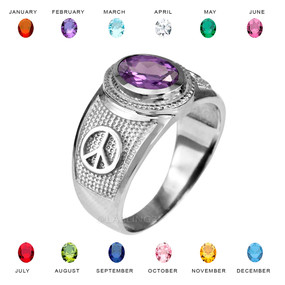 Sterling Silver Peace Sign CZ Birthstone Ring