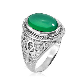 Sterling Silver Egyptian Ankh Cross Green Onyx Statement Ring