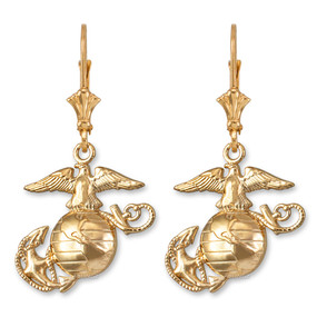 14K Yellow Gold Marines Corps Leverback Earrings