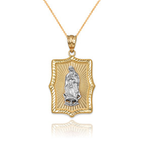 Two-Tone Yellow & White Gold Lady Virgin Mary DC Pendant Necklace