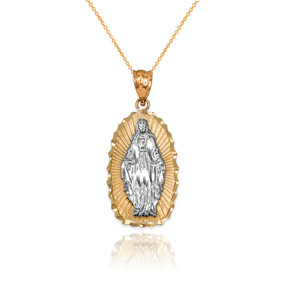 Two-Tone Yellow & White Gold Lady of Virgin Mary DC Pendant Necklace