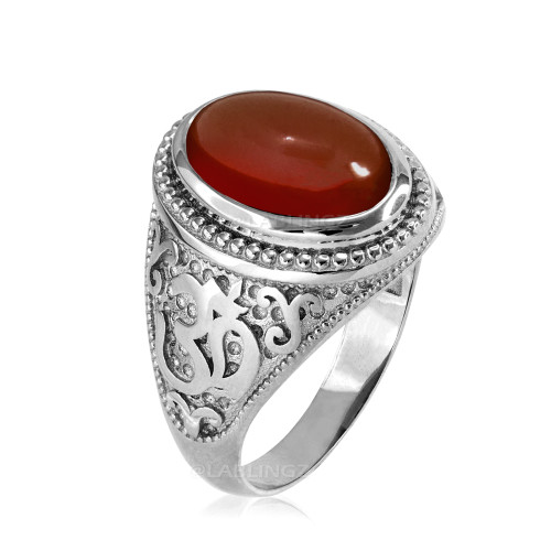 White Gold Om Oval Cabochon Red Onyx Men's Yoga Statement Ring.