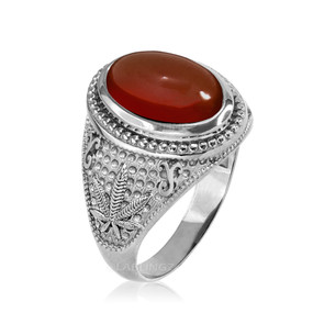 Sterling Silver Marijuana Weed Red Onyx Cabochon Statement Ring