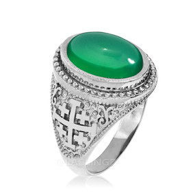 White Gold Jerusalem Cross Green Onyx Gemstone Statement Ring