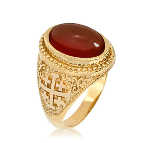 Yellow Gold Jerusalem Cross Red Onyx Gemstone Statement Ring