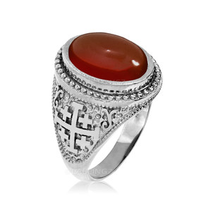 Sterling Silver Jerusalem Cross Red Onyx Gemstone Statement Ring