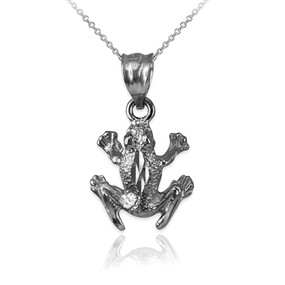 White Gold Textured DC Frog Charm Necklace