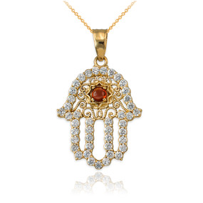 Diamond Studded Gold Filigree Genuine Garnet Hamsa Charm Necklace 