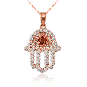 Diamond Studded Rose Gold Filigree Genuine Garnet Hamsa Charm Necklace 