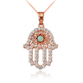 Diamond Studded Rose Gold Filigree White Opal Hamsa Charm Necklace 