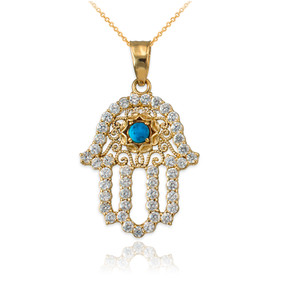 Diamond Studded Gold Filigree Turquoise Hamsa Charm Necklace 