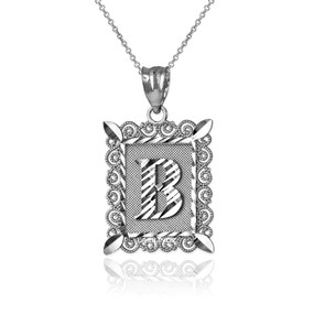 White Gold Filigree Alphabet Initial Letter "B" DC Pendant Necklace