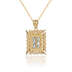 Two-tone Gold Filigree Alphabet Initial Letter "B" DC Charm Necklace