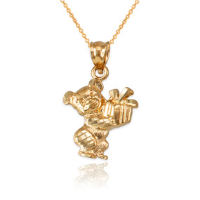 Yellow Gold Cute Teddy Bear Gift Box DC Charm Necklace
