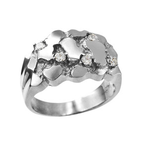 Mens White Gold CZ Nugget Ring