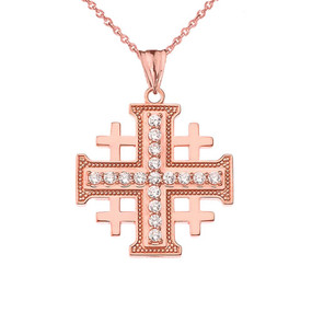 Rose Gold CZ Jerusalem Cross Pendant Necklace