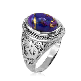White Gold Om (aum) Oval Purple Copper Turquoise Ring