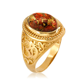 Yellow Gold Om (aum) Oval Orange Copper Turquoise Ring
