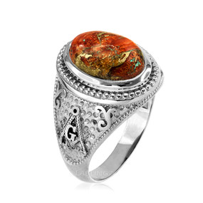 Sterling Silver Masonic Orange Copper Turquoise Ring