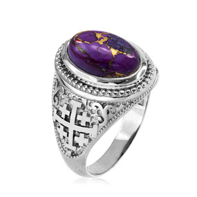 Sterling Silver Jerusalem Cross Purple Copper Turquoise Ring