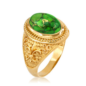Yellow Gold Fleur de Lis Green Copper Turquoise Ring