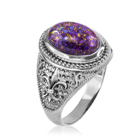 White Gold Fleur de Lis Purple Copper Turquoise Ring