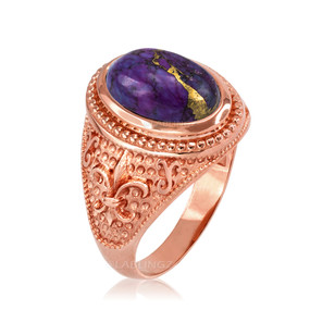Rose Gold Fleur de Lis Purple Copper Turquoise Ring