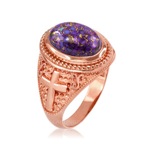 Rose Gold Christian Cross Purple Copper Turquoise Ring