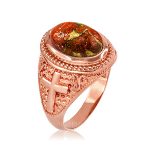 Rose Gold Christian Cross Orange Copper Turquoise Ring