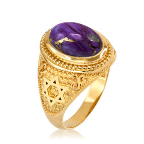 Yellow Gold Jewish Star of David Purple Copper Turquoise Ring