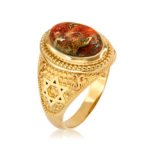 Yellow Gold Jewish Star of David Orange Copper Turquoise Ring