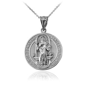 Solid White Gold St. Benedict Reversible Medallion Charm Necklace