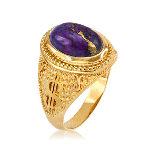 Yellow Gold Money Dollar Sign Purple Copper Turquoise Ring