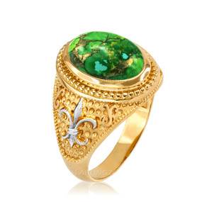 Two-Tone Yellow Gold Green Copper Turquoise Fleur-De-Lis Gemstone Ring