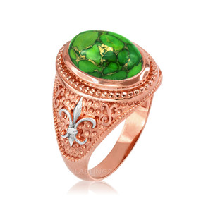 Two-Tone Rose Gold Green Copper Turquoise Fleur-De-Lis Gemstone Ring