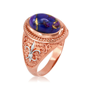 Two-Tone Rose Gold Purple Copper Turquoise Fleur-De-Lis Gemstone Ring