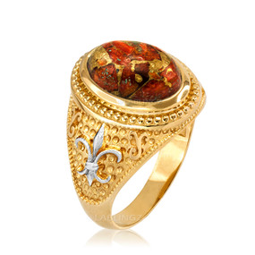 Two-Tone Yellow Gold Orange Copper Turquoise Fleur-De-Lis Gemstone Ring