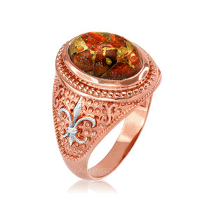 Two-Tone Rose Gold Orange Copper Turquoise Fleur-De-Lis Gemstone Ring