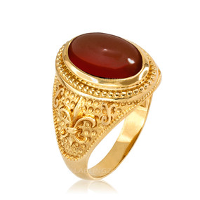 Yellow Gold Red Onyx Fleur-De-Lis Gemstone Ring