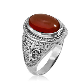 White Gold Red Onyx Fleur-De-Lis Gemstone Ring
