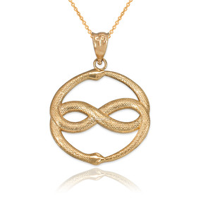 Yellow Gold Double Ouroboros Infinity Snakes Pendant Necklace