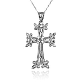 White Gold Armenian Reversible Cross Pendant Necklace