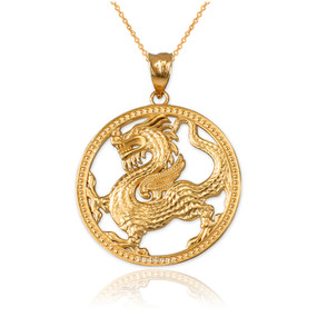 Yellow Gold Chinese Dragon Open Medallion Pendant Necklace