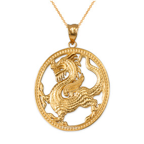 Yellow Gold Chinese Dragon Oval Medallion Pendant Necklace