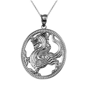 White Gold Chinese Dragon Oval Medallion Pendant Necklace