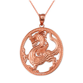 Rose Gold Chinese Dragon Oval Medallion Pendant Necklace